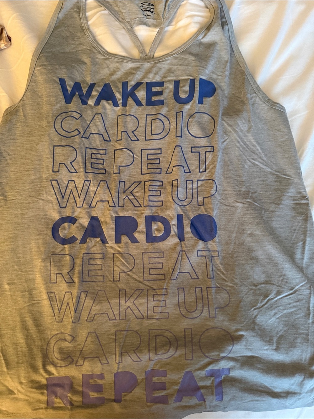 Champion Grey Racerback Tank with Blue 'Wake Up Cardio Repeat' Graphic